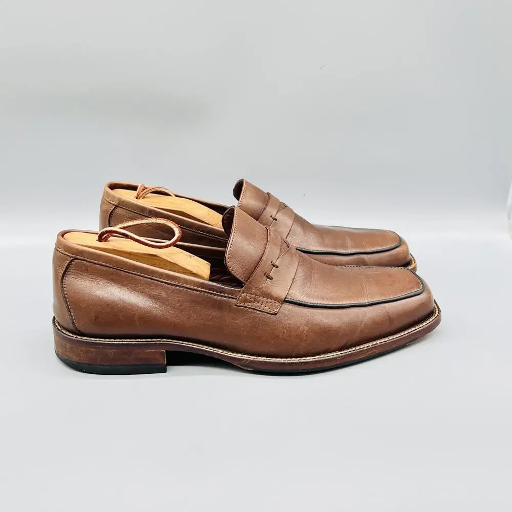 Johnston & Murphy Shoes Mens 9 Brown Leather Slip On Penny Loafer Square Toe